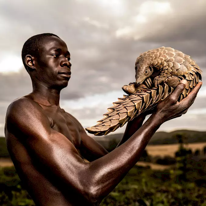 Ein «Schuppentier-Mann», der sich der Rettung und Pflege dieser hilflosen Tiere verschrieben hat.  Tikki Hywood Foundation, Simbabwe (2016) © Adrian Steirn